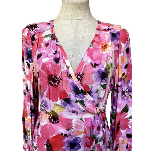 La Petite Etoile Paris Pink Floral Watercolor Faux Wrap Dress Cool Girl Summer - Picture 2 of 11